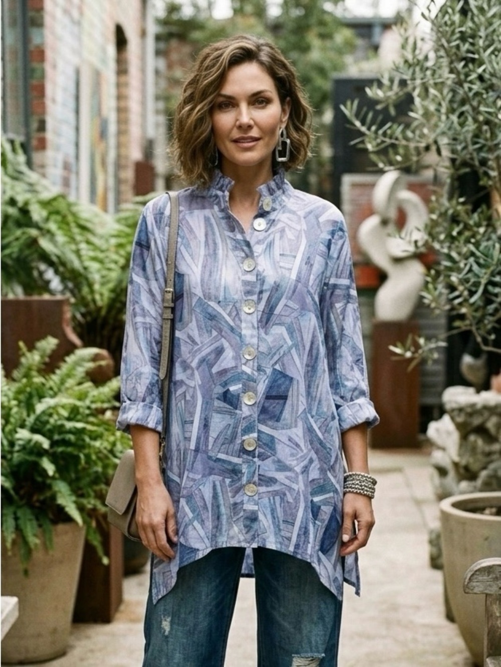 NWT Lior Paris Dora Abstract Button Back Blouse Ruffle Neck Asymmetrical | S
